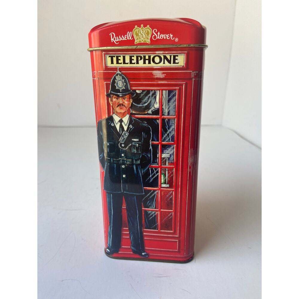 Russell Stover English Caramels Telephone Booth Tin Bank Policeman Bobbie Peeler